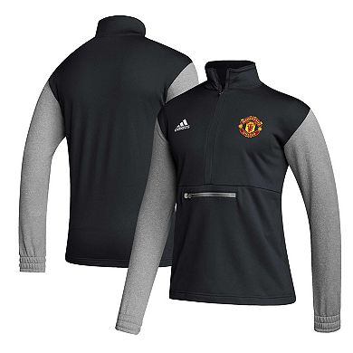 Men's adidas Black Manchester United Crest Long Sleeve Half-Zip Top