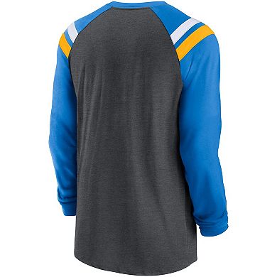 Men's Nike Heathered Charcoal/Powder Blue Los Angeles Chargers Tri-Blend Raglan Athletic Long Sleeve Fashion T-Shirt