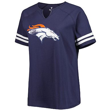 Women's Fanatics Branded Navy Denver Broncos Plus Size Logo Striped Raglan Notch Neck T-Shirt