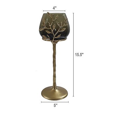 Gold Tone Capri Leaf Glass Candle Holder Floor Decor