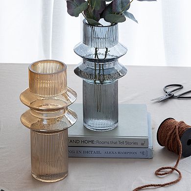 Ribbed Glass 2-Piece Set Vases Table Décor