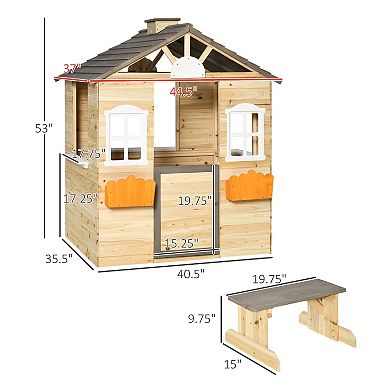 Outsunny Wooden Playhouse for Kids Outdoor Garden Pretend Play Games, Adventures Cottage, with Working Door, Windows, Bench, Service Station, Flowers Pot Holder, for 3-7 Years Old