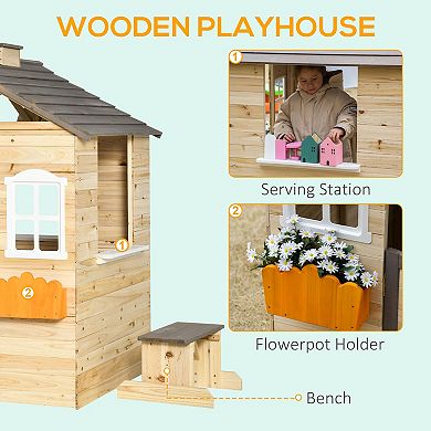 Outsunny Wooden Playhouse for Kids Outdoor Garden Pretend Play Games, Adventures Cottage, with Working Door, Windows, Bench, Service Station, Flowers Pot Holder, for 3-7 Years Old