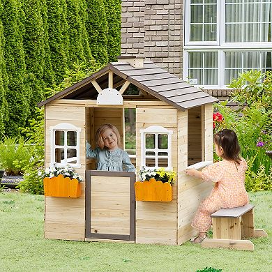 Outsunny Wooden Playhouse for Kids Outdoor Garden Pretend Play Games, Adventures Cottage, with Working Door, Windows, Bench, Service Station, Flowers Pot Holder, for 3-7 Years Old