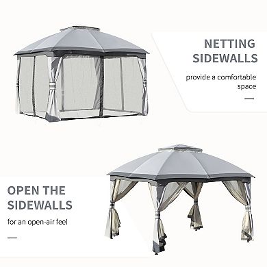 10' X 12' 2-tier Outside Pergola Canopy W/ Steel Frame And Arched Roof Grey