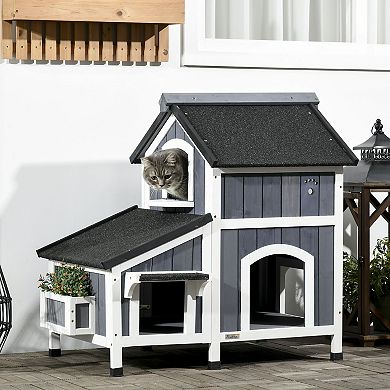 PawHut Outdoor Cat House w/ Flower Pot, Weather Resistant Roof,  Window