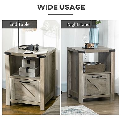 Wooden Freestanding Industrial Side Table With Mulitple Storage Solutions, Grey