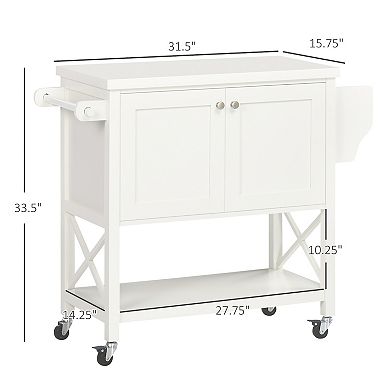 HOMCOM Utility Rolling Kitchen Island on Wheels with Rubber Wood Top White