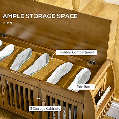 HOMCOM Shoe Bench with Storage Cabinets,  Entryway Bench with Seating Cushion, 3 Doors, Side Rack and Hidden Compartment for Hallway, Brown