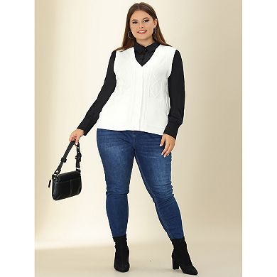 Plus Size Cable Knit Sweater Vest for Women Button Sleeveless Pocket Cardigan Vests Outwear