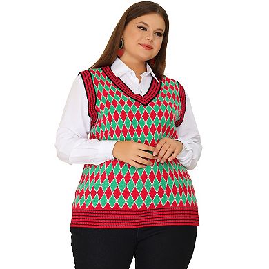 Women's Plus Size Argyle Plaid V Neck Sleeveless Knit Sweater Vest