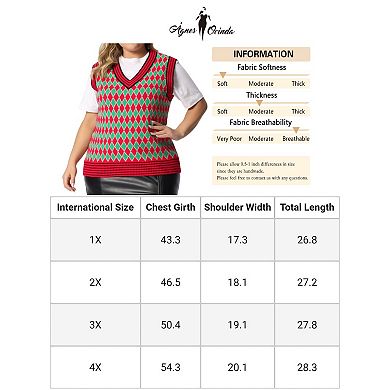 Women's Plus Size Argyle Plaid V Neck Sleeveless Knit Sweater Vest