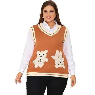 Women's Plus Size V Neck Sleeveless Bear Knit Sweater Vest