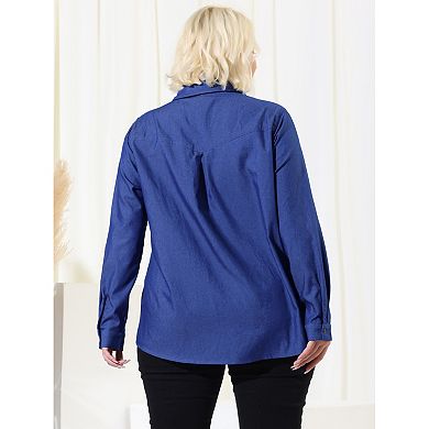 Women's Plus Size Spring Long Sleeve Denim Button Shirt