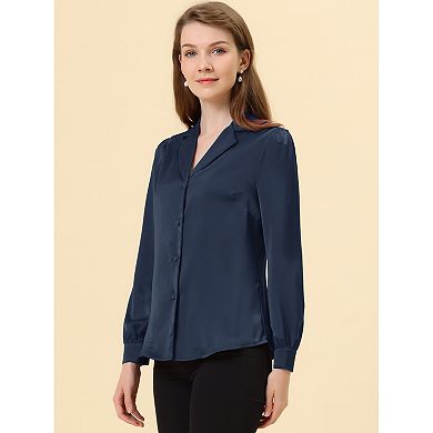 Women's Elegant Collar Blouse Long Sleeve Work Office Satin Button Down Shirt