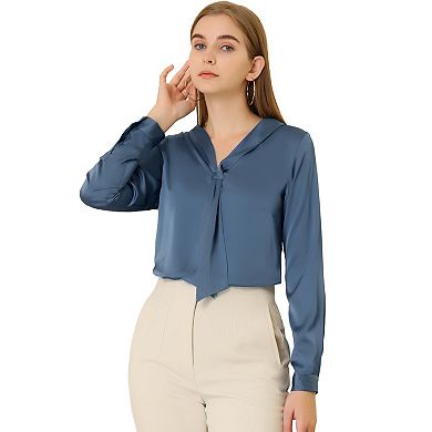 Women's Satin Tie Neck Long Sleeve Solid Color Elegant Office Work Shirt Top
