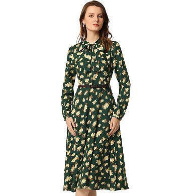 Women's Floral Bow Tie V Neck Long Sleeve Belted Chiffon Midi Dress