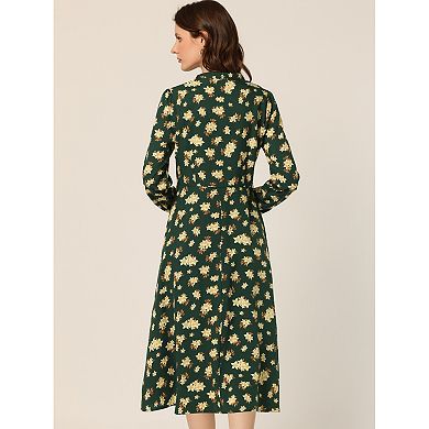 Women's Floral Bow Tie V Neck Long Sleeve Belted Chiffon Midi Dress