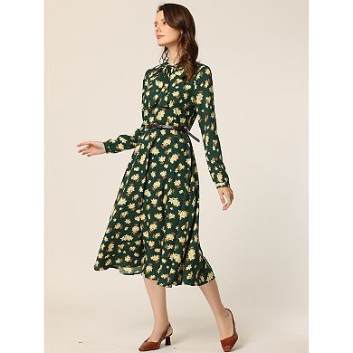 Women's Floral Bow Tie V Neck Long Sleeve Belted Chiffon Midi Dress