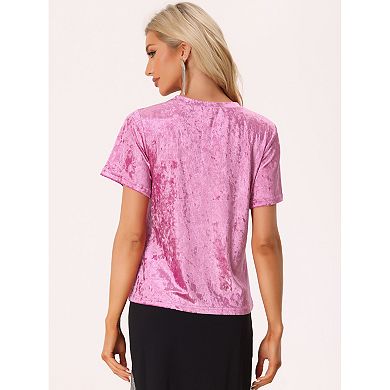 Casual Velvet Top For Women's Solid Round Neck Short Sleeve T-shirt