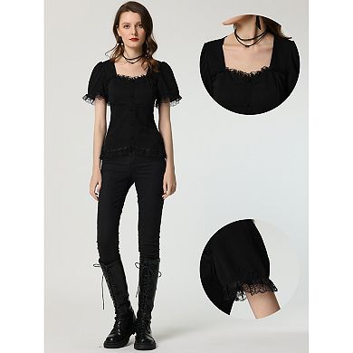 Victorian Shirt For Women's Sweetheart Neck Short Sleeve Lace Up Gothic Blouse