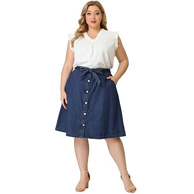 Women's Plus Size Outfits Fashion Tie Waist A Line Midi Denim Skirt