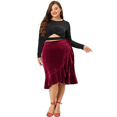 Women's Plus Size Party Ruffled Hem Knee Length Velvet Wrap Skirt