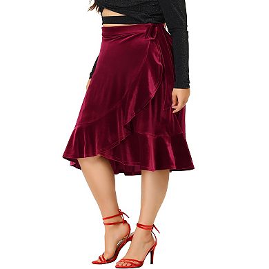 Women's Plus Size Party Ruffled Hem Knee Length Velvet Wrap Skirt
