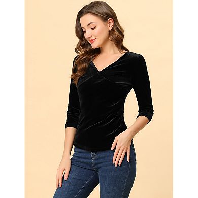 Women's V Neck 3/4 Sleeve Cross Wrap Ruched Velvet Casual Blouse