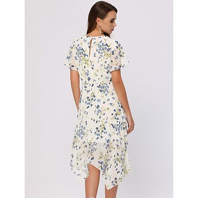 Women's Floral Asymmetrical Hem Ruffle Short Sleeve Chiffon Midi Dress