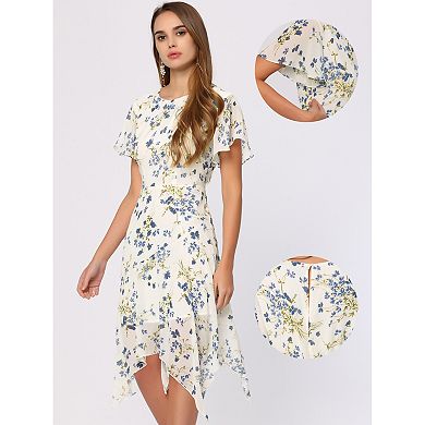 Women's Floral Asymmetrical Hem Ruffle Short Sleeve Chiffon Midi Dress