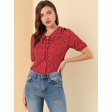 Women's Puff Sleeves Tie Neck Doll Collar Button Front Heart Print Blouse Tops