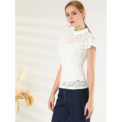 Women's Elegant Floral Lace Blouse Short Sleeve Keyhole Back Fitted Semi Sheer Top