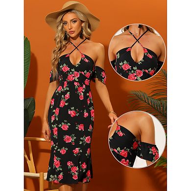 Floral Dress for Women's Halter Neck Off the Shoulder Drawstring Bodycon Dresses