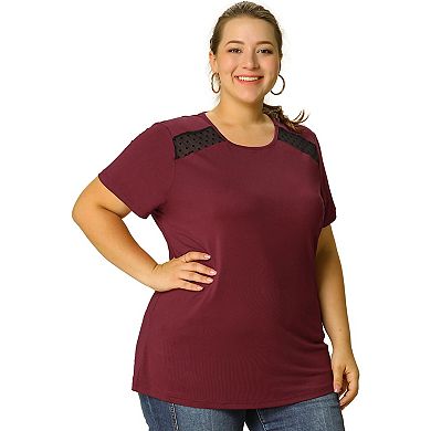 Women's Plus Summer Round Neck Lace Panel Shoulder T-Shirt