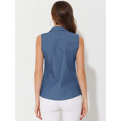 Denim Button Down Shirt For Women's Sleeveless Lapel V Neck Chambray Tunic Top