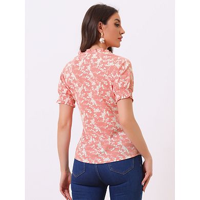 Women's Ruffle Tie V Neck Casual Smocked Short Sleeve Floral Top Blouse