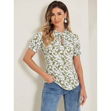 Women's Ruffle Tie V Neck Casual Smocked Short Sleeve Floral Top Blouse