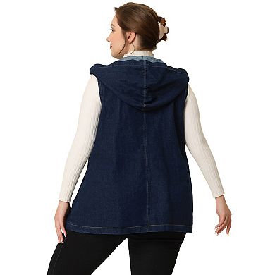 Women's Plus Size Fall Zipper Up Denim Sleeveless Hoodie Jacket
