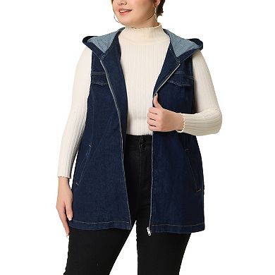 Women's Plus Size Fall Zipper Up Denim Sleeveless Hoodie Jacket