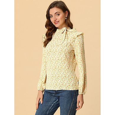 Women's Bow Tie Neck Long Sleeve Floral Ruffled Blouse