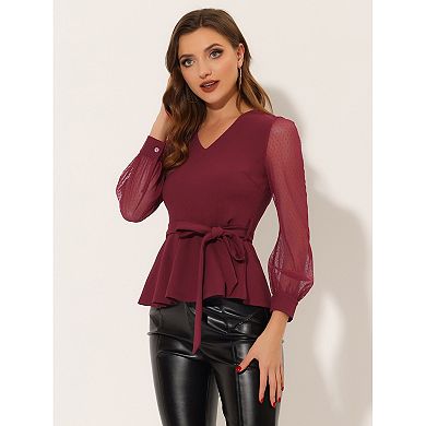 Tie Waist Peplum Top for Women's Ruffle Hem Party V Neck Mesh Long Sleeve Blouse