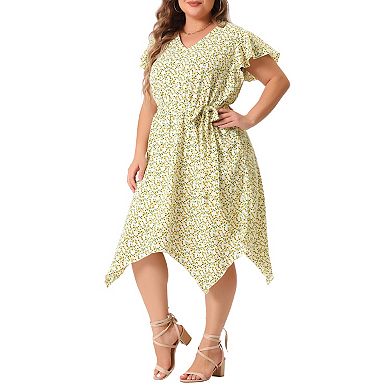 Women's Plus Size V Neck Floral Chiffon Tie Belted Ruffled Midi Dress