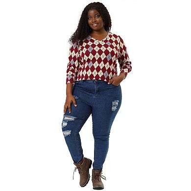 Women's Plus Size V Neck Argyle Long Sleeve Pullover Sweatershirt