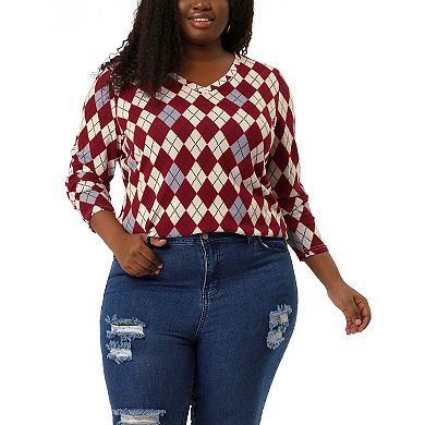 Women's Plus Size V Neck Argyle Long Sleeve Pullover Sweatershirt