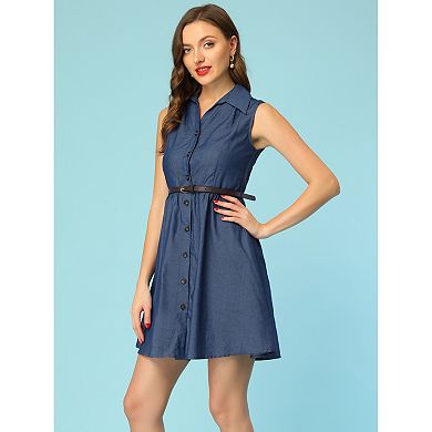 Women's V Neck Collared Sleeveless Belted Mini Casual Chambray Dress