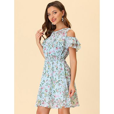 Women's Floral Printed Smocked Waist Ruffle Cold Shoulder Dress