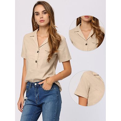 Cotton Linen Blouse for Women's Casual Loose Fit Collar Short Sleeve Shirt Top