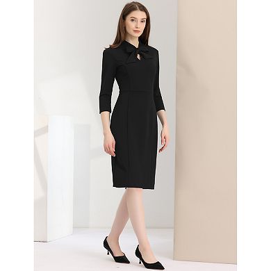 Sheath Dresses For Women's Front Tie Neck 3/4 Sleeve Work Bodycon Dress