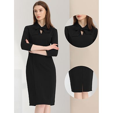 Sheath Dresses For Women's Front Tie Neck 3/4 Sleeve Work Bodycon Dress